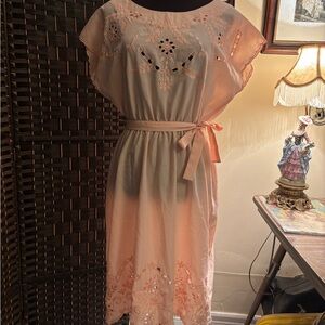 70s Vintage Embroidered Pinkish Sheer Cotton Embroidered Dress